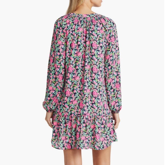 Women’s Lilly Pulitzer Lucee Floral Print Long Sleeve Dress Navy Garden, Large - Picture 2 of 16